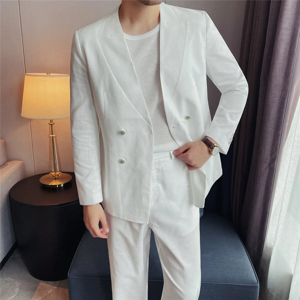 Men's Lightweight Linen45%-Cotton55% Blend Double-Breasted Suit Set – Breathable Collarless Blazer & Trousers Summer Business