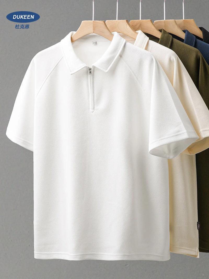 DUKEEN Men's Pique Fabric Zipper Polo Shirts Summer Solid Color Turndown Collar T Shirts White Short Sleeve Tees Golf Wear 2024