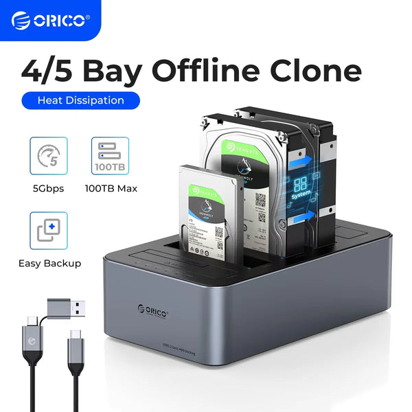 ORICO Type-C 5Gbps 4/5 Bay HDD Case Hard Drive Station Aluminum with Offline Clone 2.5/3.5" HDD Case Heat Dissipation Stronger