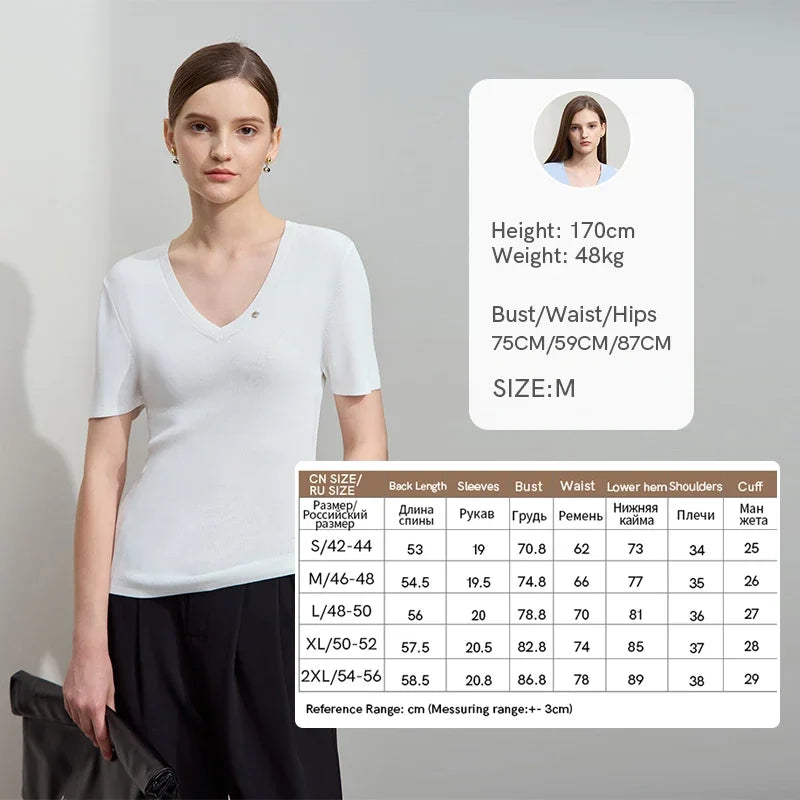 អាវយឺតដៃខ្លីសម្រាប់នារី Amii Minimalist ធ្វើពីរោមចៀម 2026 រដូវស្លឹកឈើជ្រុះថ្មី ក V ស្មាខាងមុខ រាងស្លីម 12521044
