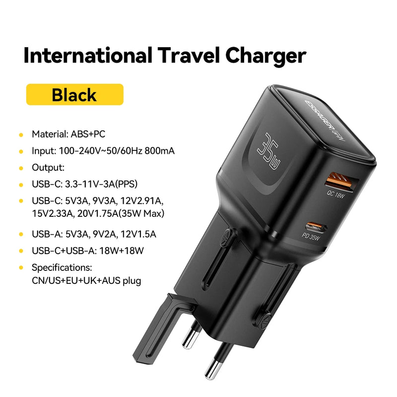 Essager 35W GaN International Travel Adapter Dual Port Charger for Xiaomi Samsung IPhone16 15 Pro Max for US/CN EU UK AUS Travel