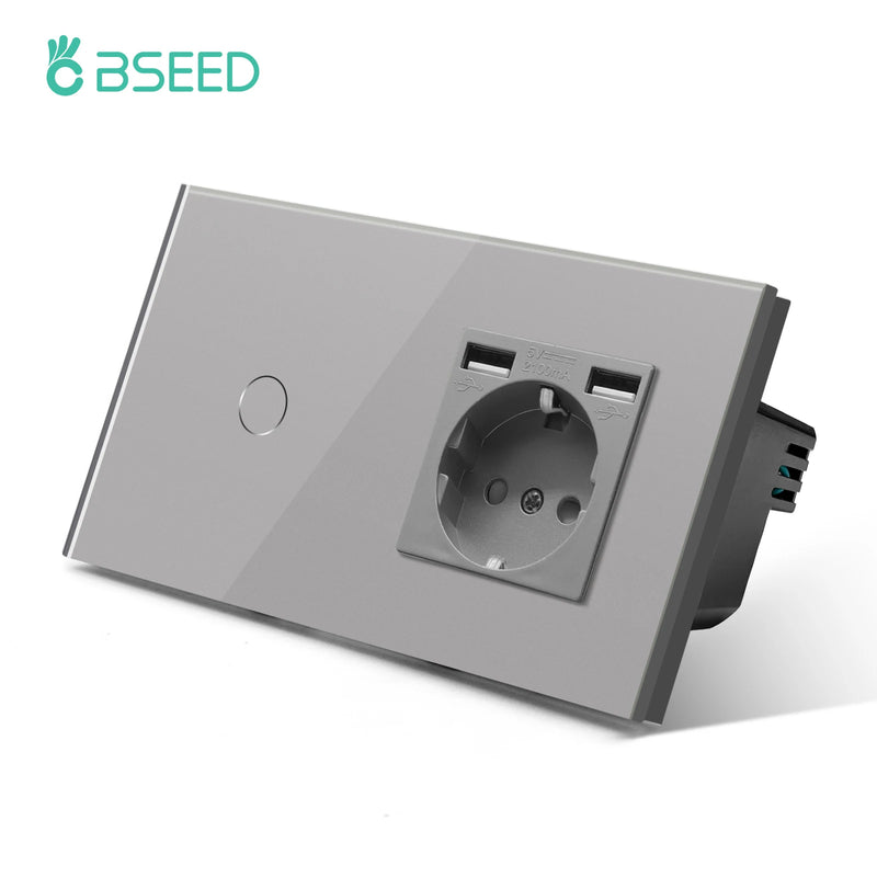 BSEED 1Gang Touch Screen Light Switches LED Backlight Wall Switches With Socket USB Type-C Charge Port Glass Panel Max.Load 300W