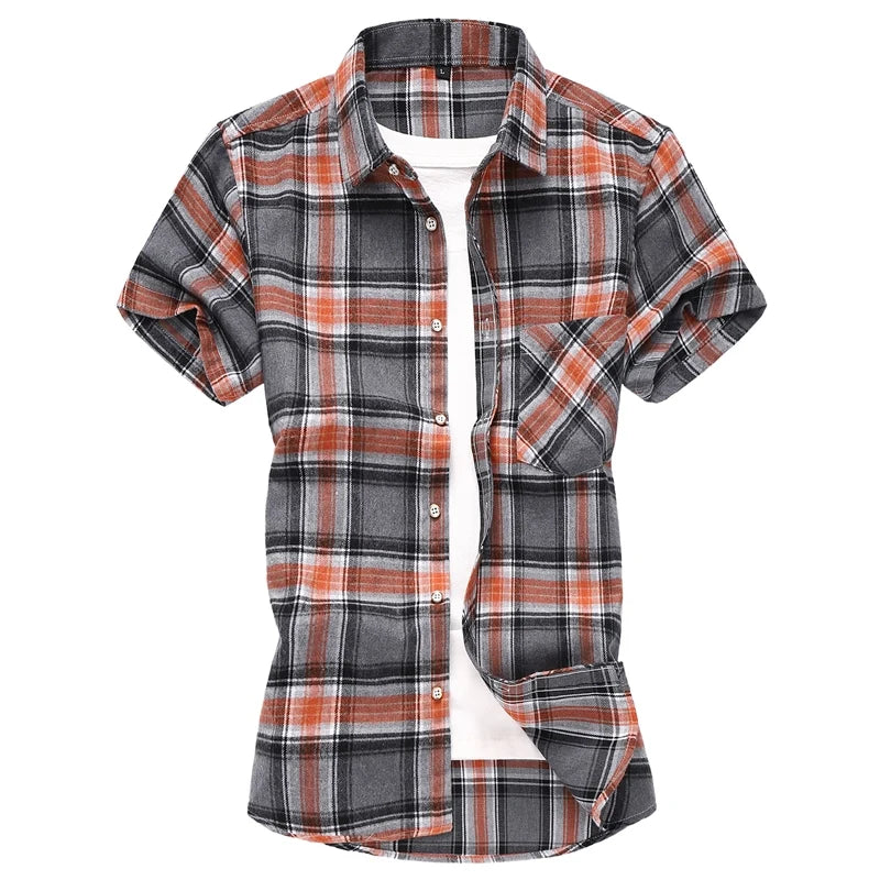 Men Red Striped Plaid Short-sleeved Shirt, Single-breasted Square Collar Cotton Shirts Summer Fashion Casual Camisa Men Chemise