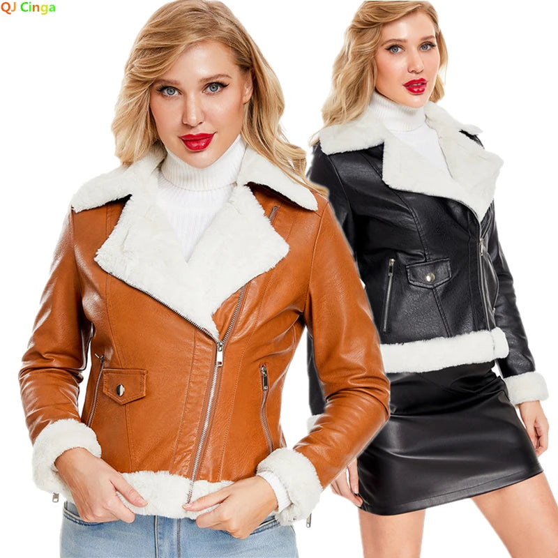 2026 Winter Women Yellow PU Leather Jacket, Black Slim-Fit Fleece Lined Faux Leather Coat, Thicken Warm Moto Biker Jacket Mujer.