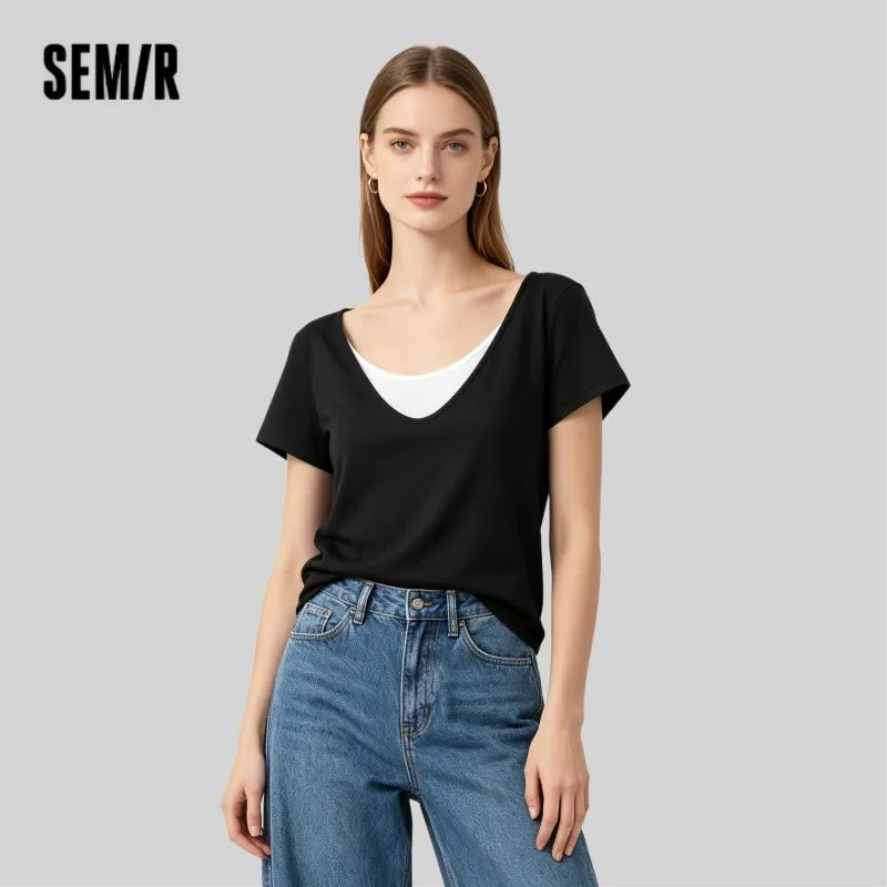 Semir Womens Tshirt 2026 Cotton Linen Fake Two Piece Color Block U Neck Elegant Simple Casual