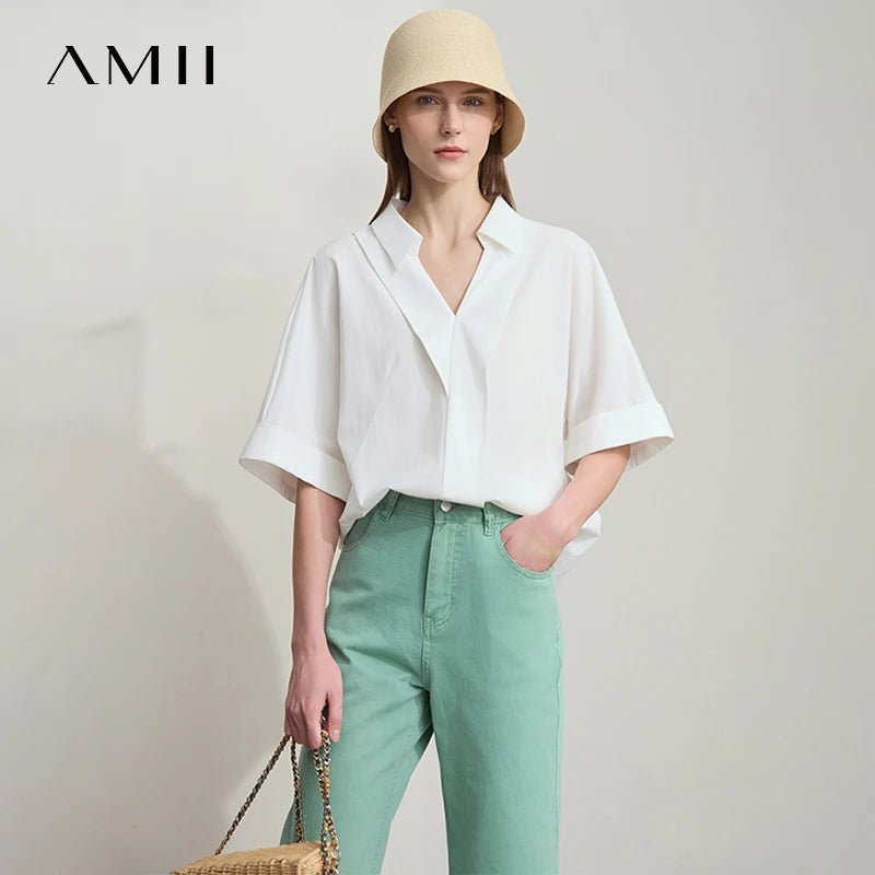 អាវ Amii Minimalist សម្រាប់ស្ត្រី ពណ៌រឹង ក V រចនាកអាវបត់ចុះក្រោម រលុង ស្ទីល Lyocell អាវ 12522053
