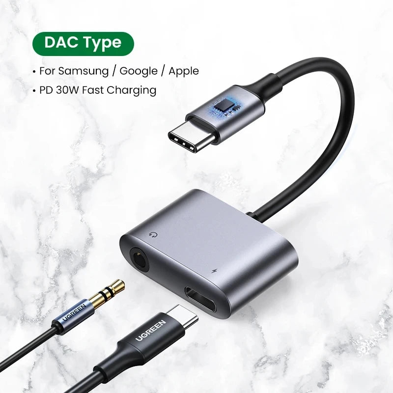 UGREEN USB C to AUX Cable Adapter Type C 3.5mm AUX Earphone Converter DAC Chip PD QC Charging For Huawei iPad Pro Samsung Pixel