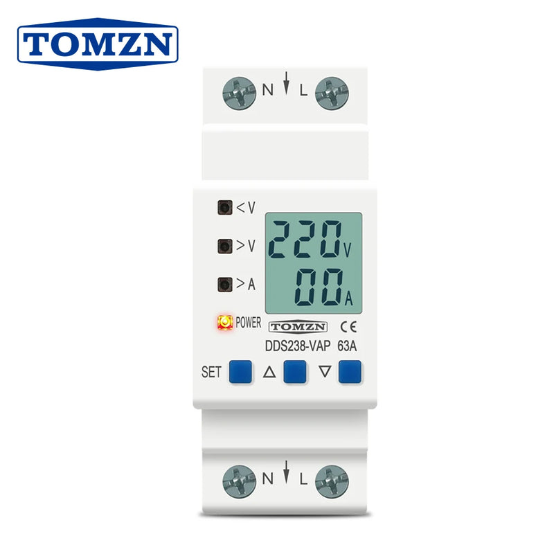 TOMZN 63A 80A 110V 230V DIN Rail Adjustable Over Under Voltage Protective Device Protector Current Limit Protection KWh