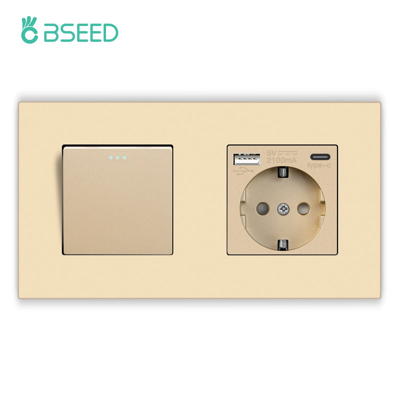 BSEED Mechanical Button Switches With Power Socket 1/2/3Gang 1Way Plastic Panel Electrical Outlets USB Type-C Wall Socket 16A
