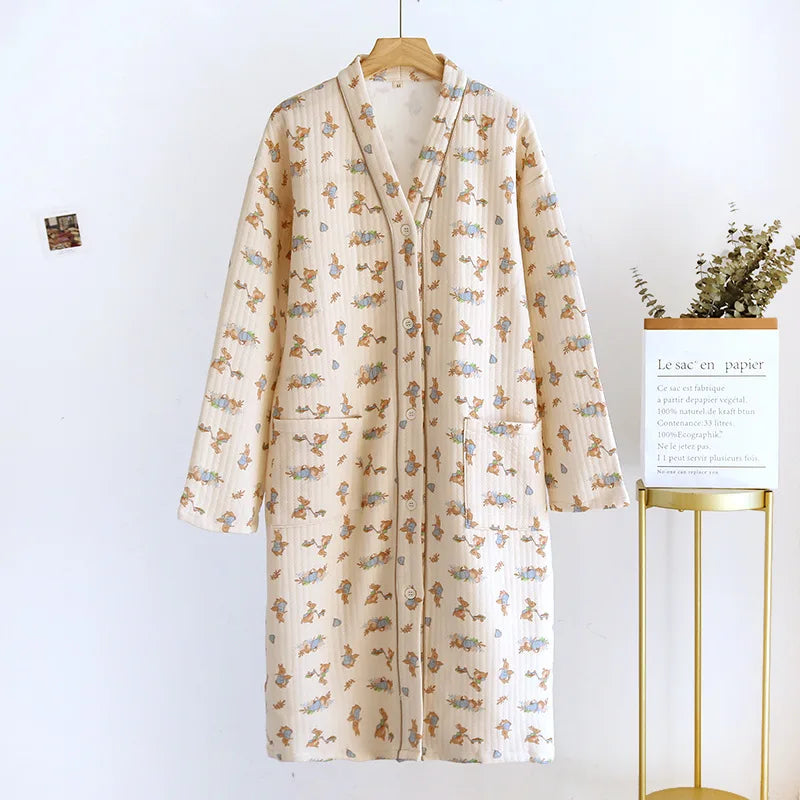 Air Layer Cotton V-Neck Cardigan Dress Long Sleeve Women's Autumn Winter Nightdress Loose Thicken Warm Nightgowns Female