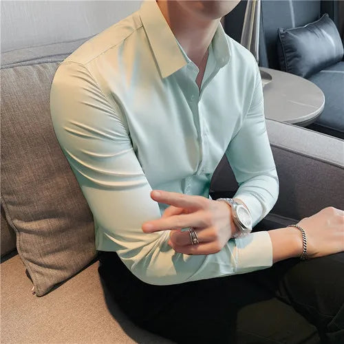 2026 New Men's Dark Green Slim-Fit Long Sleeve Shirt, Fashion Casual Business Top for Man in Black/White