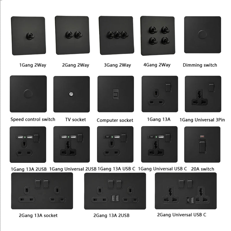 Retro Light Switch Lever Wall Power ON OFF Socket Panel,EU RU FR Black Stainless Steel Dual Usb Outlet  1-4Gang 1/2Way Switch