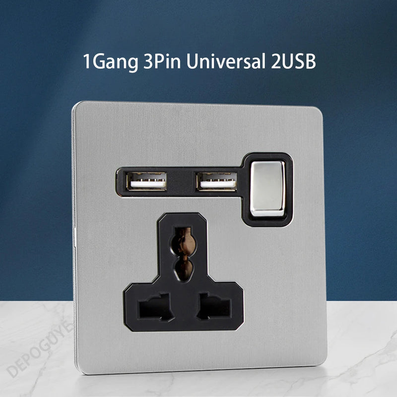 Wall Light Toggle Retro Switch Panel 1-4 Gang 2 Way EU Silver Gray Brushed Stainless Steel Antique Switch Outlet with USB Chargi