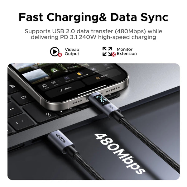 UGREEN Type-C Charging Cable PD3.1 240W Digital Display Screen USB-C Cord for Laptop MacBook HP iPhone 17 16 Samsung S25 Xiaomi