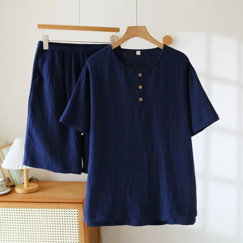 New Male Pajamas Short-sleeved Pijamas Lounge Set Pyjamas Men Loungewear Suit Pure Cotton Round Neck Sleepwear Soft Loungewear