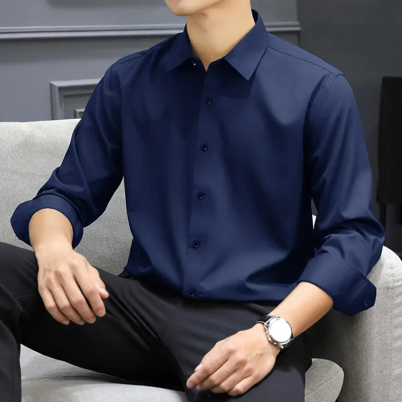 Men's Business Casual Long Sleeve Shirt Solid Color Wrinkle Resistant Comfortable All-Season Versatile Solid Color Top