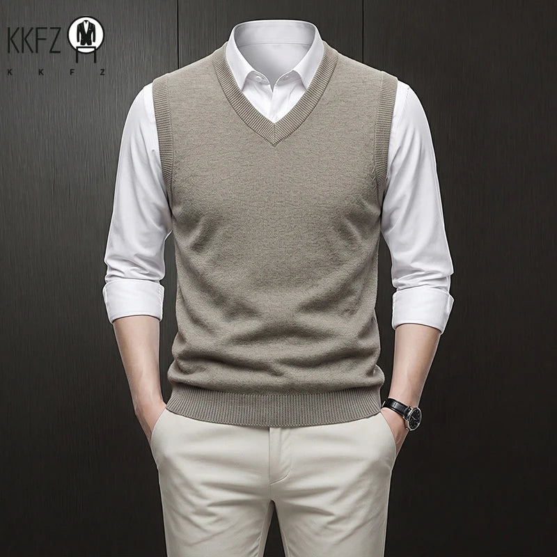 V Neck Sleeveless Plain Knit Vest For Men Soft Handfeel Knitwear Business Formal Sweater Tank Top Autumn Layering Clothes