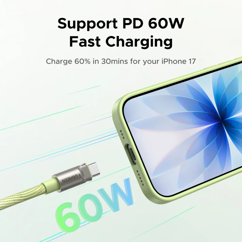 UGREEN PD60W USB-C Lanyard Charging Cable 2-in-1 Type-C Wearable Cable Travel Crossbody for iPhone 17 16 Samsung Xiaomi
