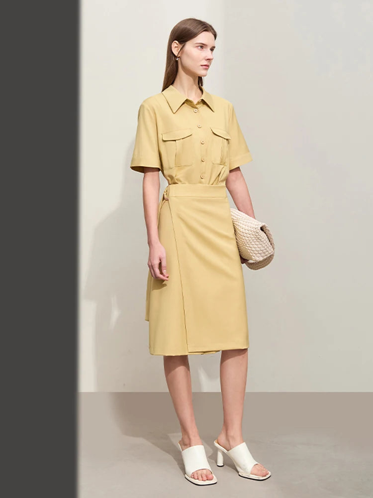 រ៉ូប Amii Minimalism Women រដូវស្លឹកឈើជ្រុះឆ្នាំ ២០២៤ រ៉ូបថ្មី Lapel False Two-piece រចនាប័ទ្ម Safari ដៃខ្លីសម្រាប់នារី ខ្សែរ៉ូប Retro 12441222