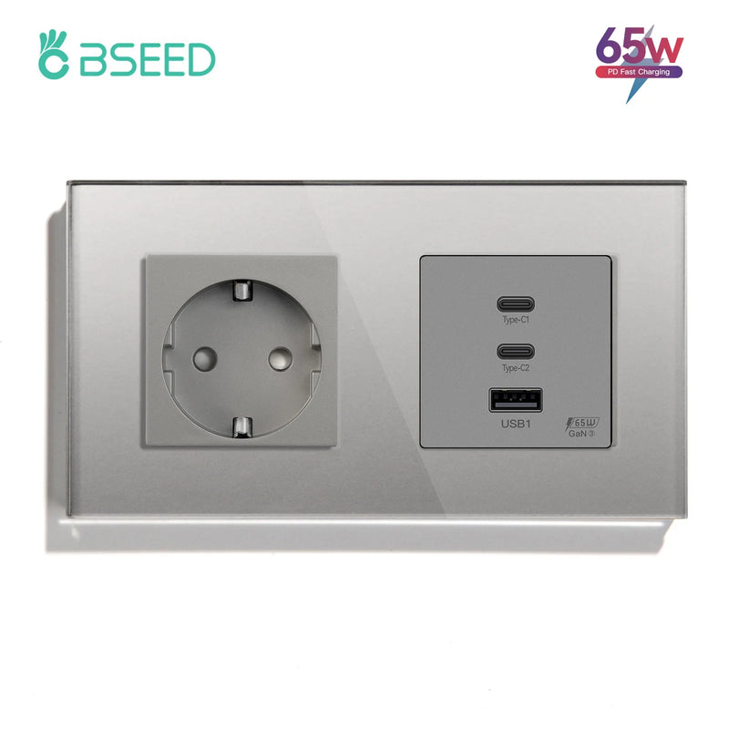 BSEED GaN3 Universal Socket 65W PD Fast Charge Port USB Type-C Quick Charge With Wall Power Socket Glass Panel 100V-240V