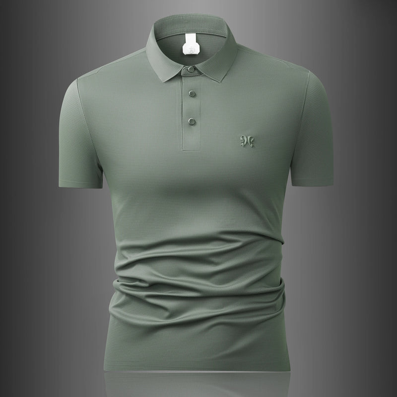 Men's Ice Silk Seamless Polo Shirt Military Green Breathable Cool Feeling Short Sleeve, No-Sew Stretch Business Casual Top