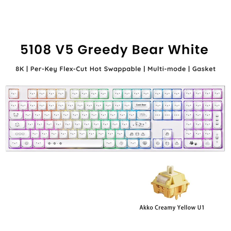 Akko 5108 V5 Mechanical Keyboard MAO Cute Bear SP Keycap 108-Key Full Size Per-Key Flex-Cut Hot Swap 8K ARGB Tri-mode Keyboard