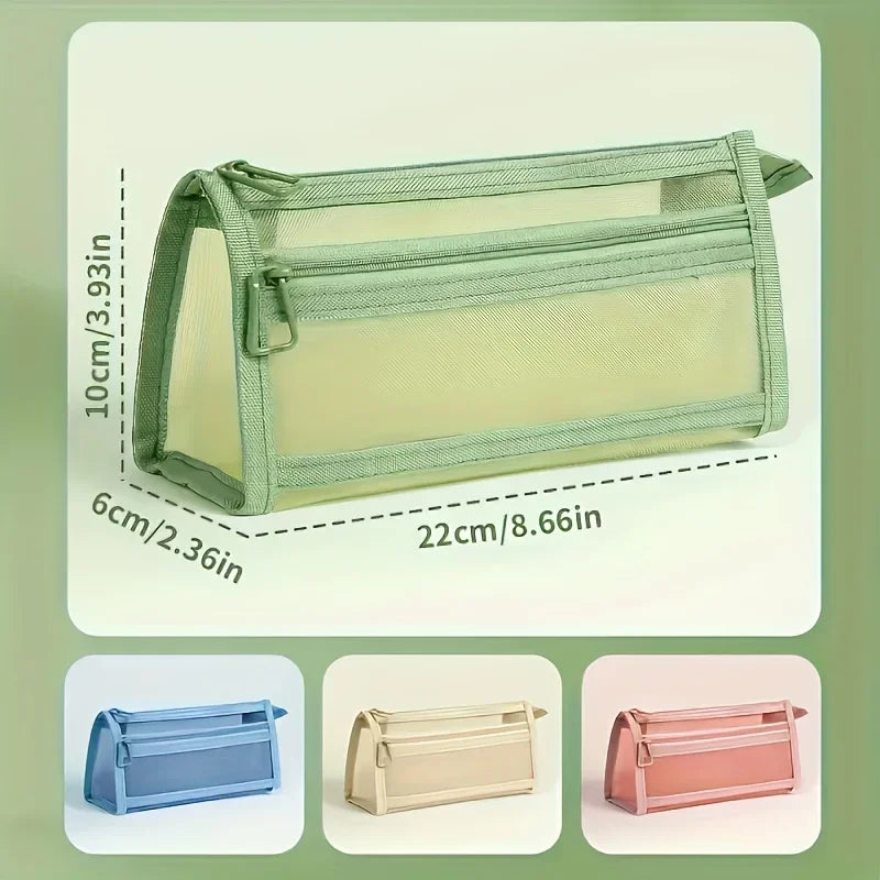 Desk Storage Morandi Grid Mesh Pencil Case with Handle and Zipper Clear Double-layer Pencil Pouch Marker Pouch,Travel Makeup Bag