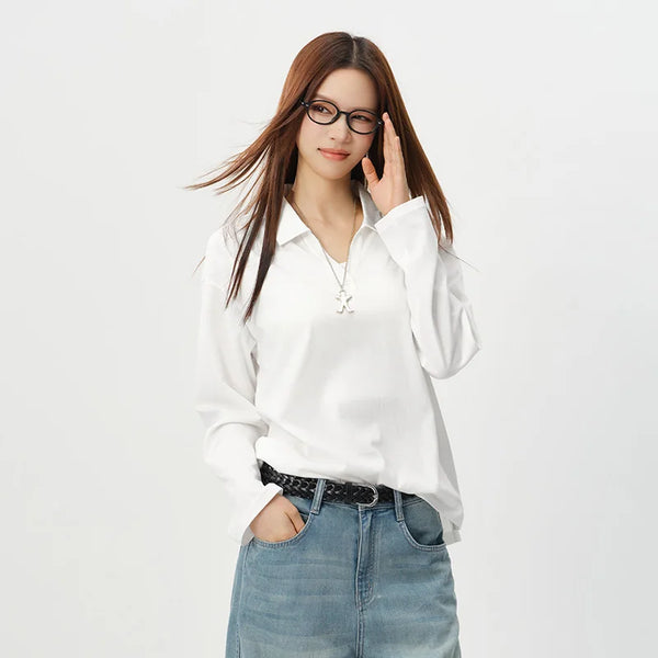 អាវប៉ូឡូ Semir សម្រាប់នារី ដៃវែងពណ៌ស រលុង បោះពុម្ព សាមញ្ញ ខ្ជិលច្រអូស ងាយស្រួលប្រើ រដូវក្តៅ ឆ្នាំ២០២៦