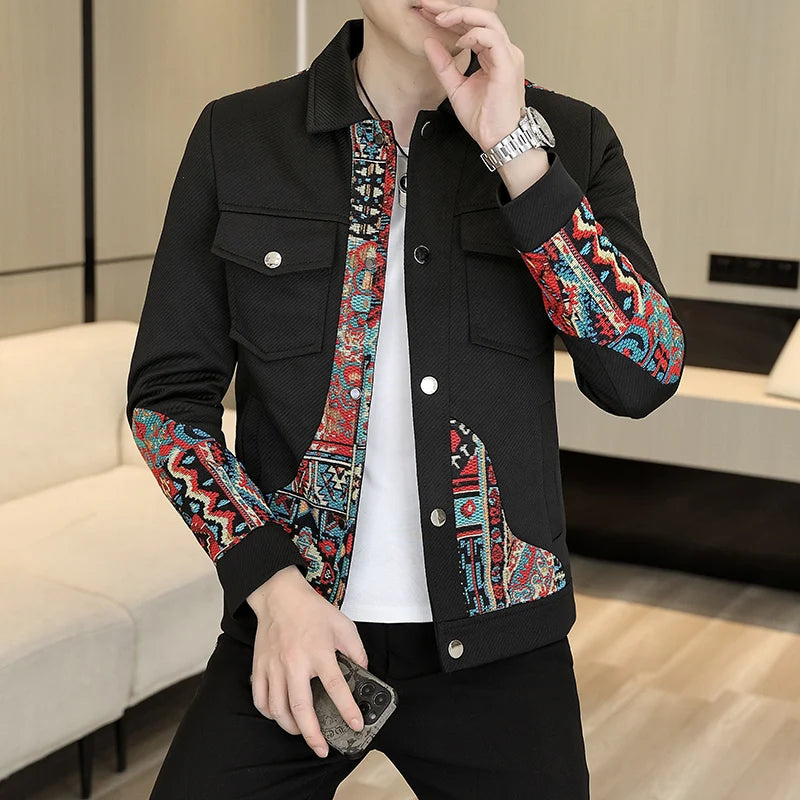2026 Men's Long-Sleeve Collared Jacket for Fall, Black Patchwork-Detailed Outerwear, Asian Fit Slim-Cut Top Coats.