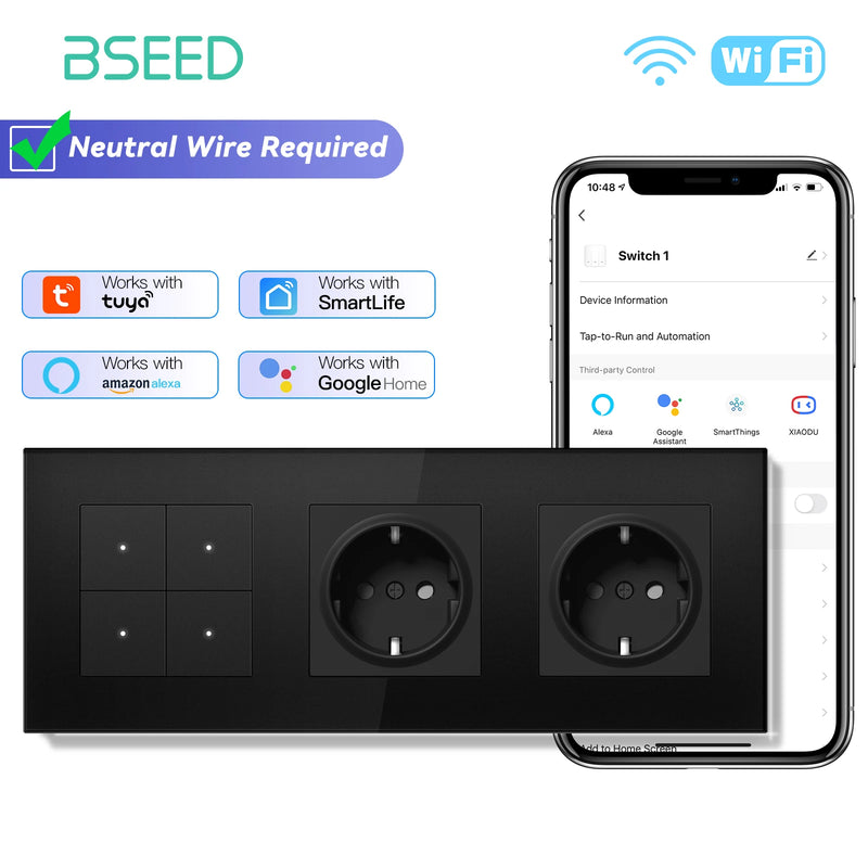 BSEED 1/2/3/4Gang 2Way WIFI Click Button Switch Double EU Socket Glass Panel LED Indicator Tuya Smart Life Alexa Voice Control