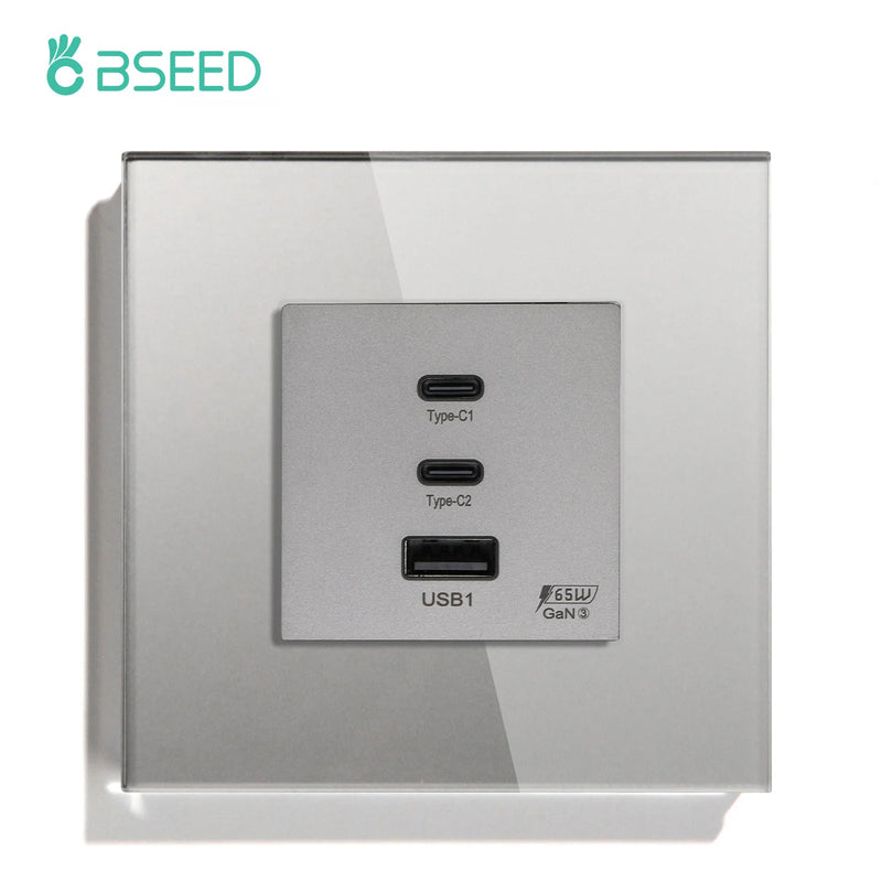 BSEED GaN3 Universal Socket 65W PD Fast Charge Port USB Type-C Quick Charge Adapter for Phone Computer Glass Panel 100V-240V