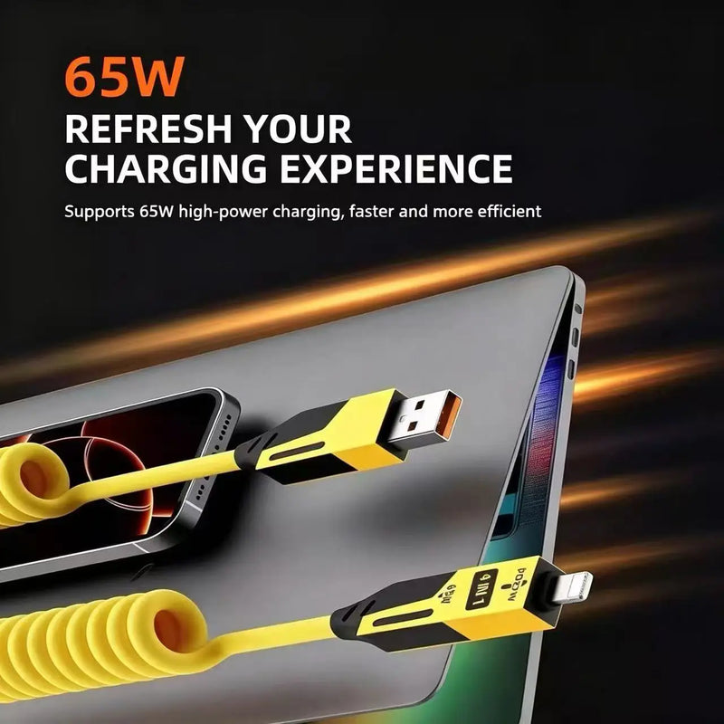 4 IN 1 Retractable Spring Charging Cable 65W PD Fast Charge Multi‑Connector Phone USB Cable