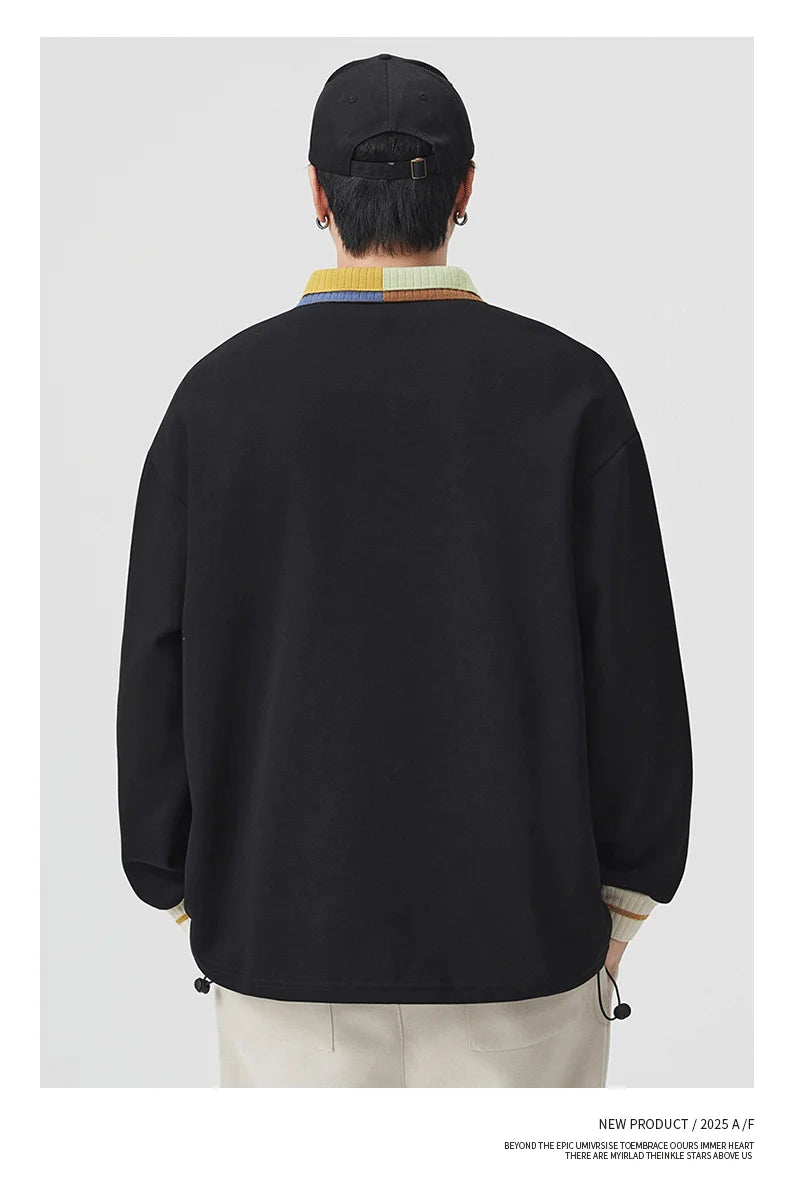 DUKEEN Colorblock Collar Men's Sweatshirts 2025 Spring and Autumn New Fashion Design Relaxed Fit Men's Long Sleeve Polo Pullover