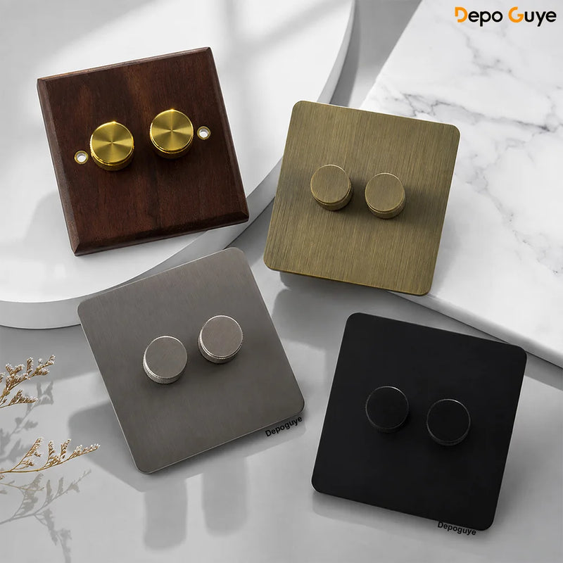 Vintage Antique Wall Switch Light Dimmer UK Standard Stainless Steel Panel Rotary Dimmer Switch Electrical Socket for Home Hotel