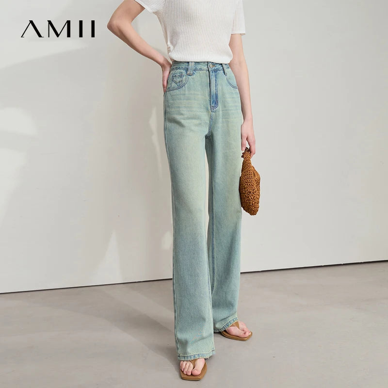 ខោខូវប៊យ Amii រដូវក្តៅថ្មីសម្រាប់នារី សមឥតខ្ចោះ ខោជើងវែងតូចចង្អៀតបែប Retro ខោត្រង់ ខោខូវប៊យកប្បាស ខោប៉ោង 12542026