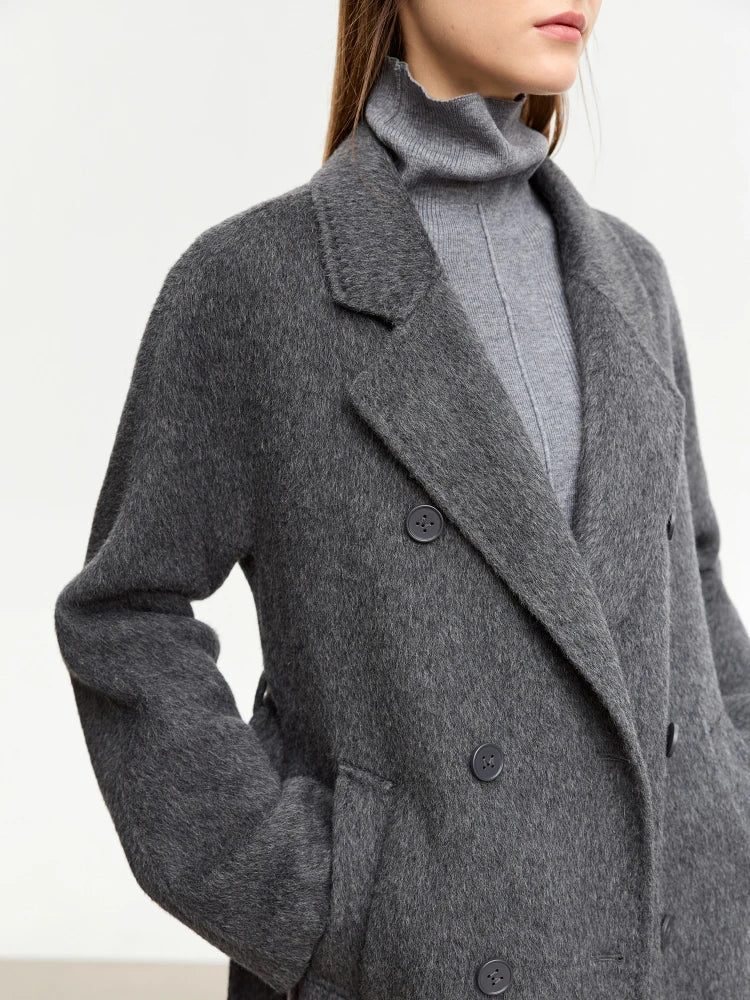 AMII 2026 Winter Lapel Collar Women's Wool & Blends Double-breasted Long Straight Coat Korean Version Outerwear New 12344216