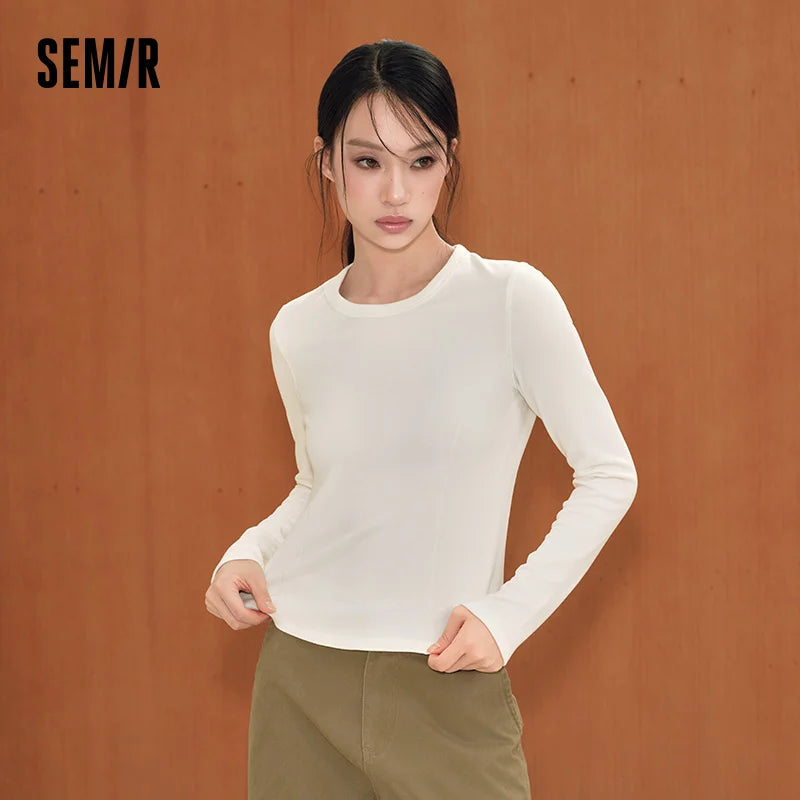 Semir Women Knit Tshirt Cropped Solid Color Crew Neck Brushed Fabric Slim Fit Panel Design Minimal Design 2026 New