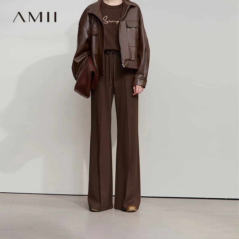 Amii Minimalist Flared Pants 2026 Autumn New College Style Elastic Casual Loose Pants For Woman Knitted Women Trousers 12523064