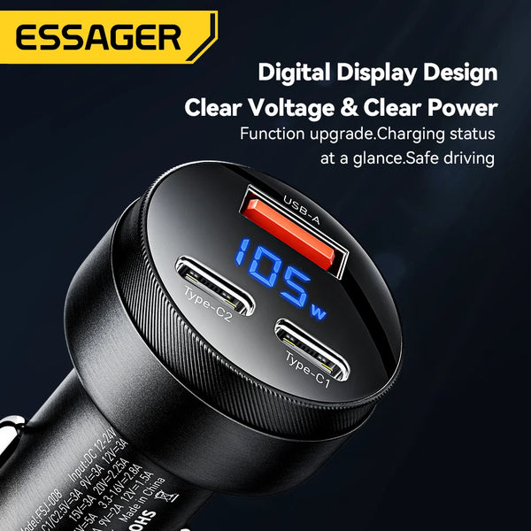 ឆ្នាំងសាករថយន្ត Essager 105W USB សាកលឿន 4.0 QC4.0 QC3.0 QC SCP PPS PD USB ប្រភេទ C សាកលឿនសម្រាប់ទូរស័ព្ទ iPhone 14 15 Xiaomi