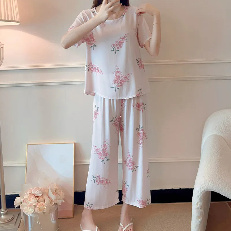 Comfort for Homewear Floral Pajamas 2 Pieces Set for Woman Casual Summer New Short Sleeve Sleepwear Women's Loungewear Suit