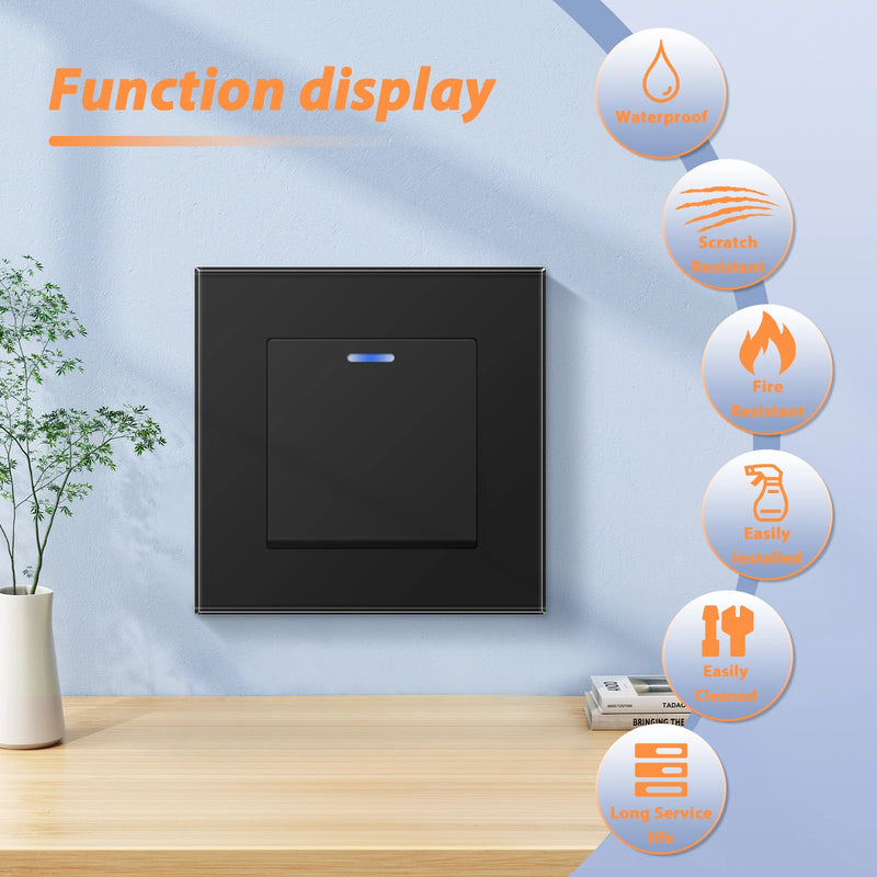 BSEED EU Standard Wall Light Switch 1/2Gang 1Way Toggle Switch Glass Panel Black Color Wall Switch On Off 10A 250V
