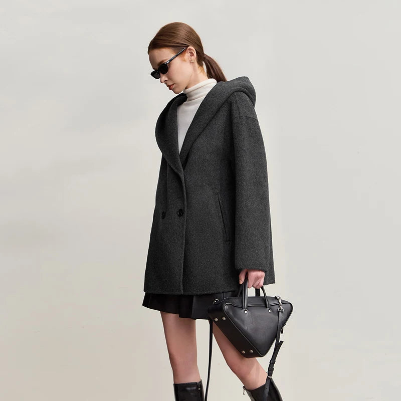 Amii Women's Coat 2026 Winter New Solid Hooded Double Breasted Wool Jacket For Woman Warm Versatile Loose Coat Ladies 12544043