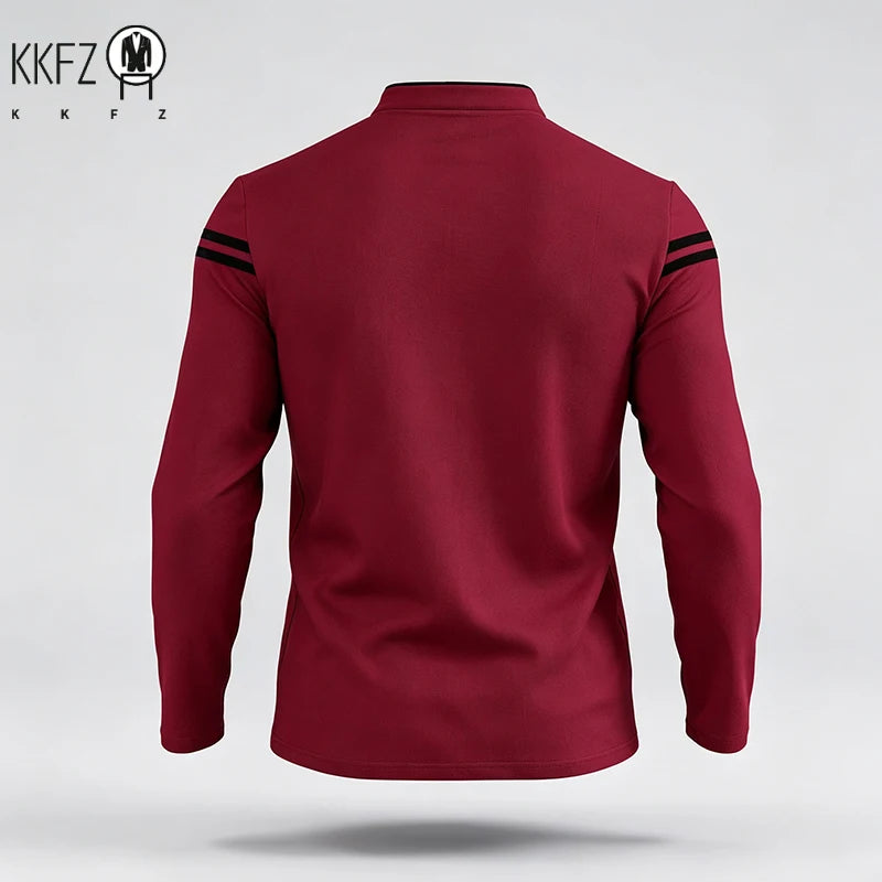 Mens Basic Stand Collar Long Sleeve Polo Top Sleeve Stripes Suitable For Vacation Short Trip And Multiple Leisure Scenes