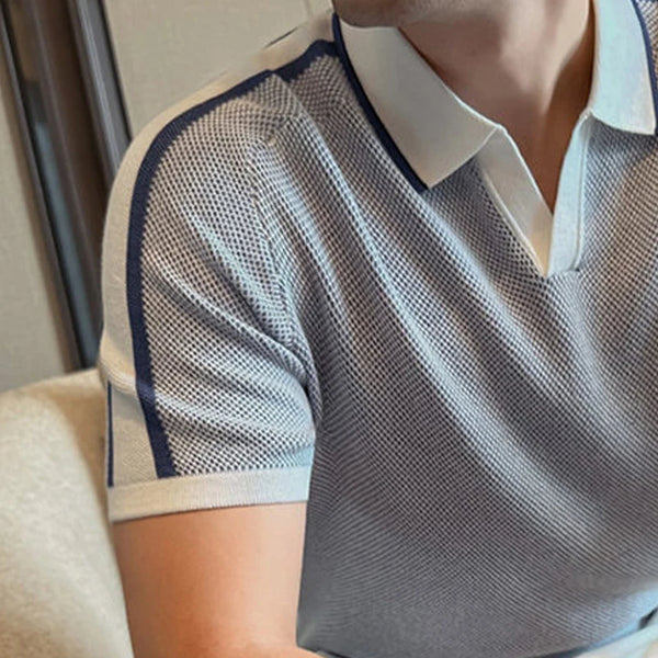 Men's Wing Collar Polo Shirt, Breathable Ice Silk Fabric with Contrast Trim, Casual Short Sleeve Knit Top, Navy Blue