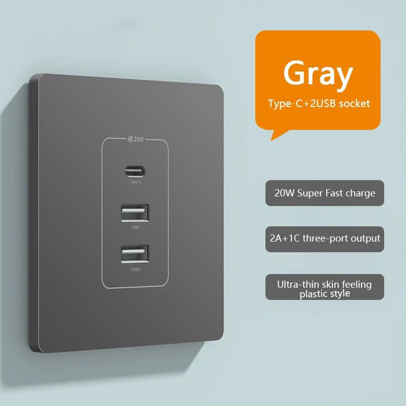 Universal 20W Super Fast Smart Charge Type C USB Port Glass Plastic Power Wall Socket Plug,Quick Charge Adapter Dual USB Socket