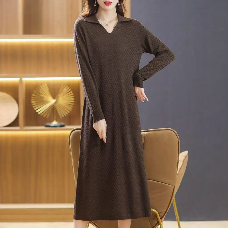 Sweater Women Trends 2026 New Lapel Long Sleeve Knitwear Jumper Spring Autumn Woolen Pullover Clothes Mother Pull Long Dress