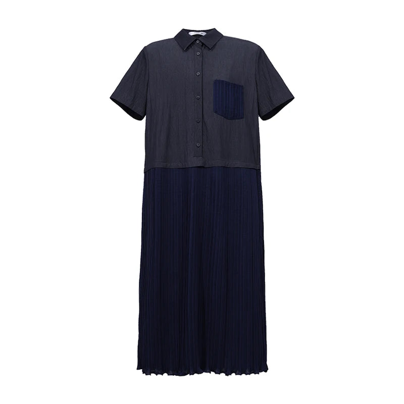 Amii Women's Dress 2026 Summer New Lapel Collar Half Placket Casual Short Sleeve Patchwork Shirred Midi Dress for Women 12652064