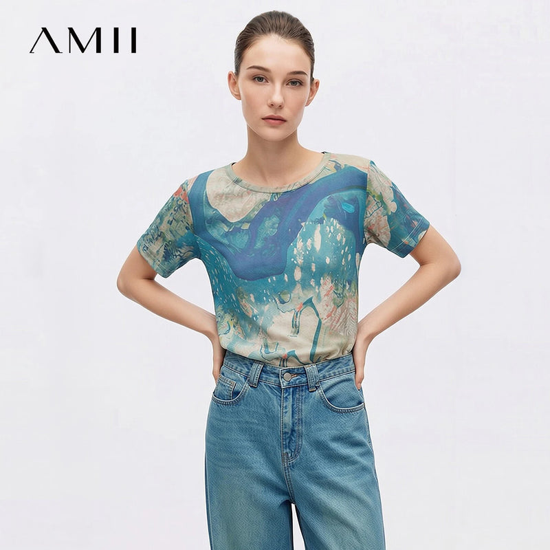 Amii Women's Tee Shirt 2026 Summer New Round Neck Short Sleeve Digital Print Mesh Tee Loose Fit Casual Top For Women 12622183