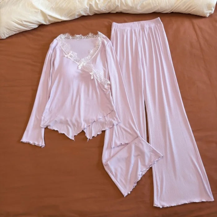 Spring Autumn Long-sleeved Trousers Sleepwear Women Thin Chest Pad Pajamas Homewear Elegant Two-Piece Set Women’s Loungewear