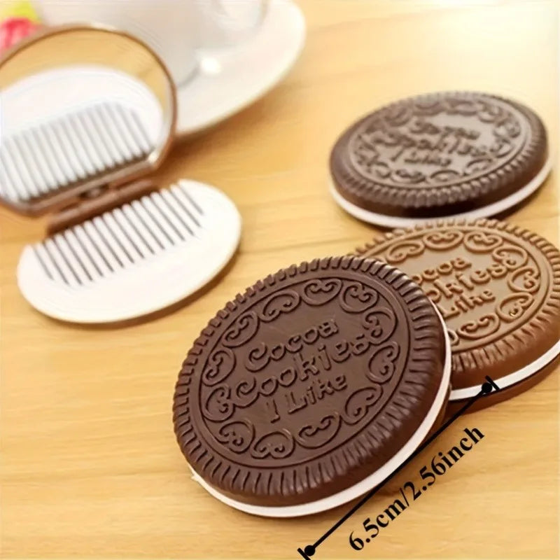 1pc Chocolate Biscuit Small Folding Makeup Mirror, with Comb Cute Outside Pocket Mirrors Travel Vacation,Women'S Makeup Mirror